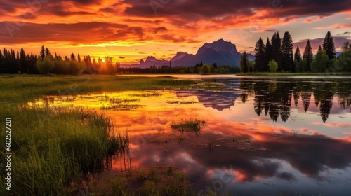 A stunning sunset over a picturesque landscape  with majestic mountains towering in the distance  a serene lake reflecting the vibrant sky  and lush green forests surrounding the area. Generative AI