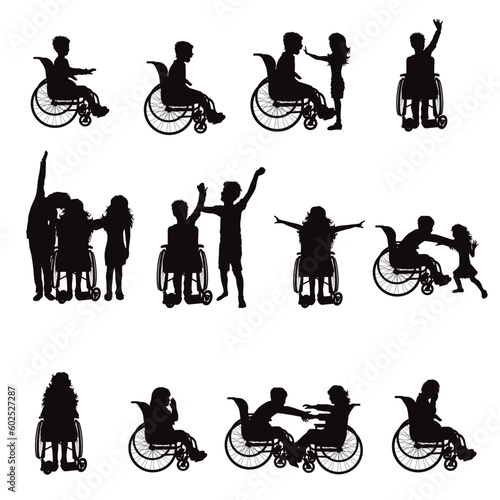 Set of vector silhouette of a child sitting in a wheelchair on a white background.