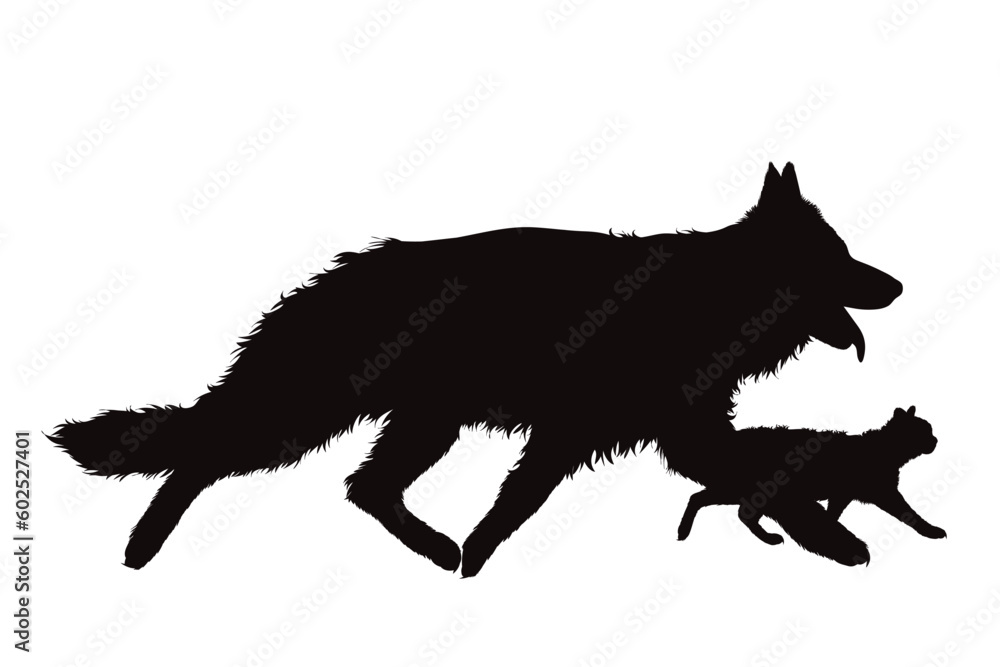 Vector silhouette of German Shepherd with cat on white background.