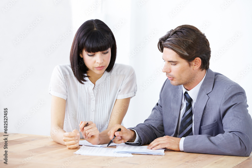 Business people, analysis of paperwork in meeting, team in office conference room and collaboration. Data analyst employees working together, man and woman with teamwork and review corporate document Business people, analysis of paperwork in meeting, team in office conference room and collaboration. Data analyst employees working together, man and woman with teamwork and review corporate document