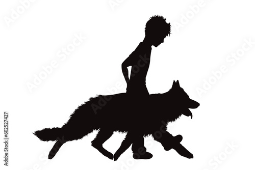Vector silhouette of boy with his happy dog on white background.