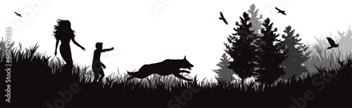Vector silhouette of happy family with her dog in nature.