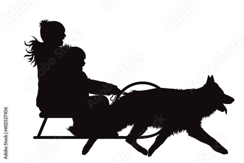 Vector silhouette of family with running dog on white background.