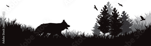 Vector silhouette of happy dog running in nature.