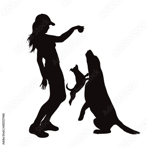 Vector silhouette of woman with her happy dog on white background.