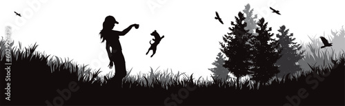 Vector silhouette of happy woman with her dog in nature.