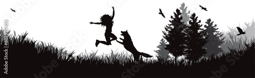 Vector silhouette of happy woman with her dog in nature.