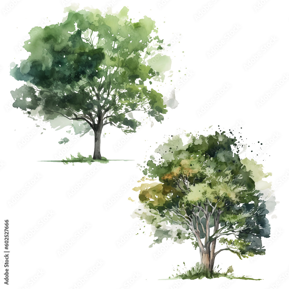 Abstract Watercolor Painting: Tree Height, Landscape Design Materials, Garden Setting, Green Tree isolated transparent , Created by Generative AI - obrazy, fototapety, plakaty 