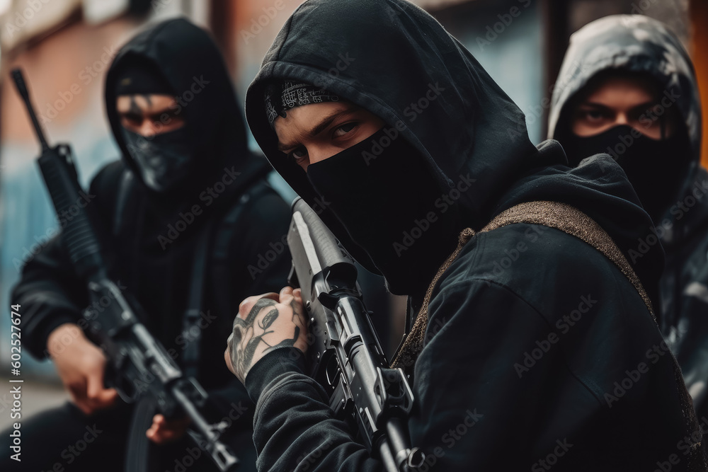 Criminal gang members with guns and rifles on the street. Group of criminal people waring black hoodies and masks. Generative AI