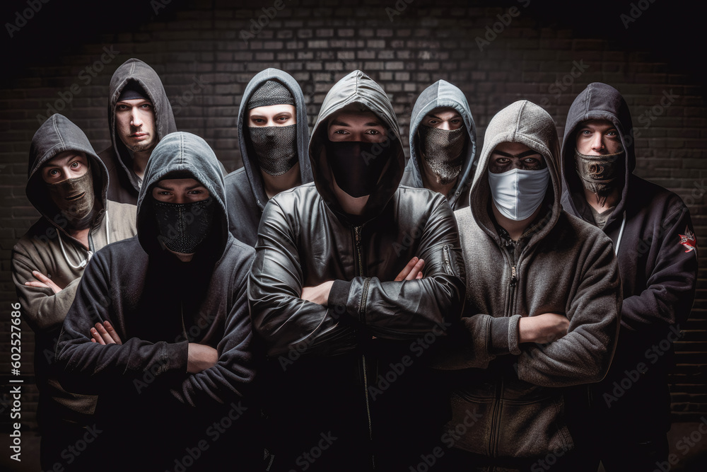 Criminal gangs. Group of criminal people waring black hoodies and masks