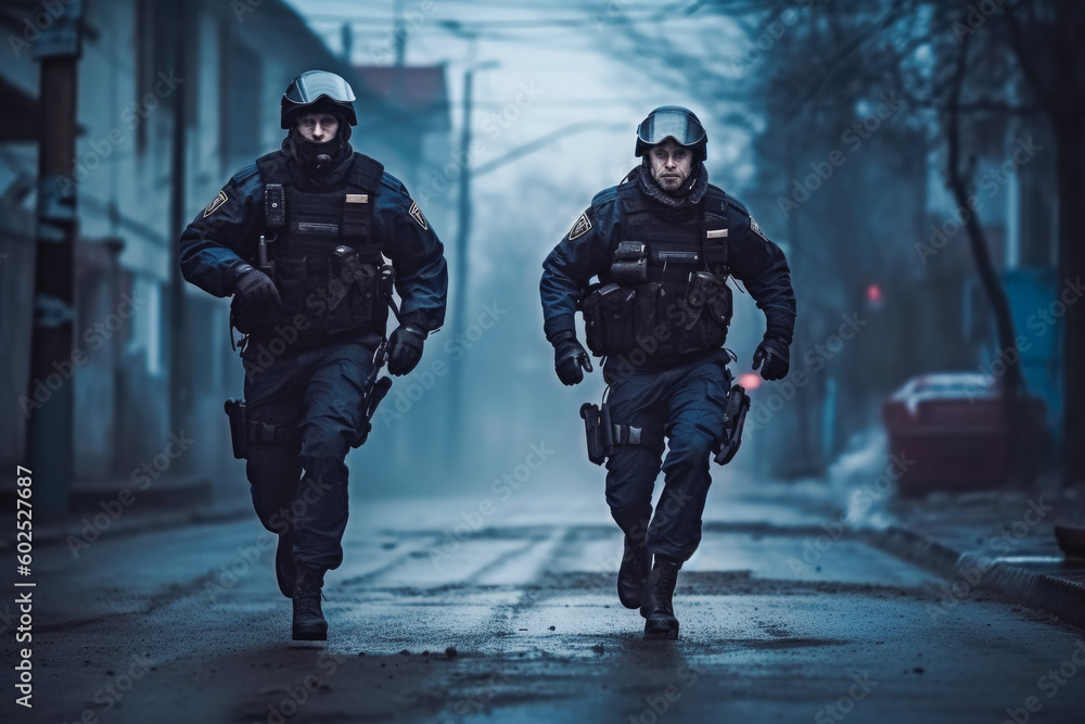 Two police officers run after suspect. Heroin dealer being chased by police officers. Fighting crime concept. Generative AI Two police officers run after suspect. Heroin dealer being chased by police officers. Fighting crime concept. Generative AI