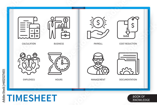 Timesheet infographics linear icons collection