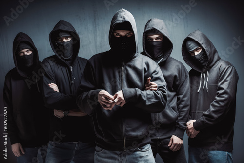 Criminal gangs. Group of criminal people waring black hoodies and masks. Violence and criminal concept. Generative AI
