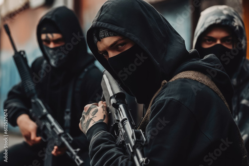 Criminal gang members with guns and rifles on the street. Group of criminal people waring black hoodies and masks. Generative AI © VisualProduction