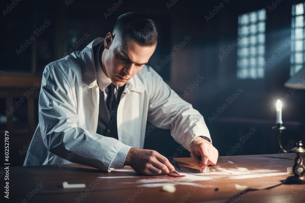 Crime scene detective examining evidence. Detective working to solve mystery. Fighting crime and justice concept. Generative AI