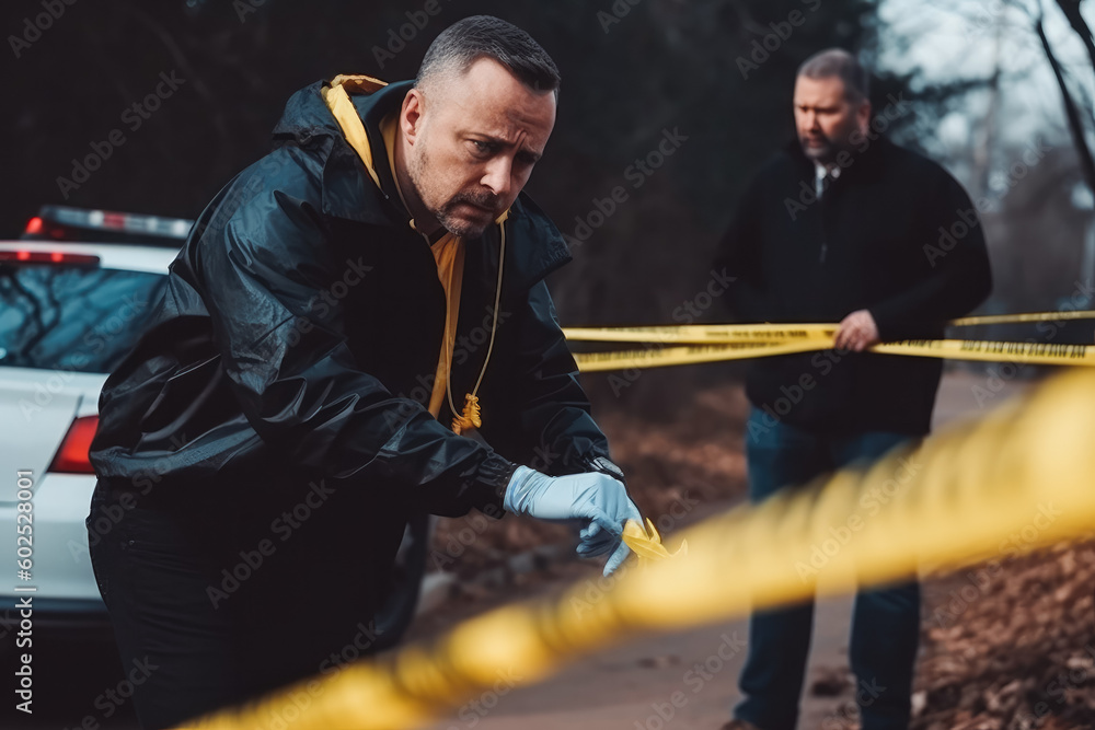 Arriving at crime scene. Crossing yellow police tape. Two detectives on