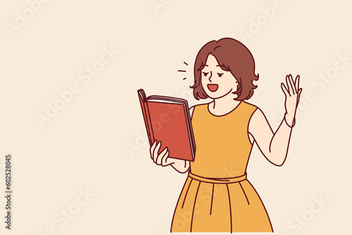 Inspired girl reads poetry and expressively waves hand for concept of literary talent in child. Schoolgirl with book dreams of becoming poet by reading poetry and novels by famous authors