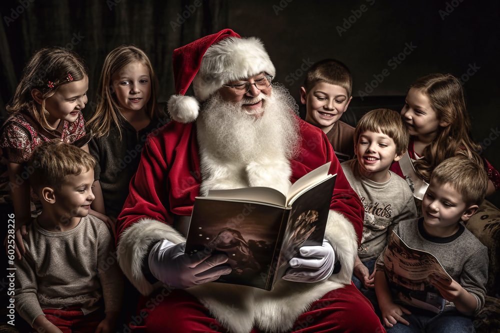 A chubby Santa Claus with a white beard sits in a chair surrounded by a group of children. He is holding a storybook and is reading it to the children with a smile on his face - ai generative A chubby Santa Claus with a white beard sits in a chair surrounded by a group of children. He is holding a storybook and is reading it to the children with a smile on his face - ai generative