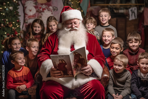 A chubby Santa Claus with a white beard sits in a chair surrounded by a group of children. He is holding a storybook and is reading it to the children with a smile on his face - ai generative