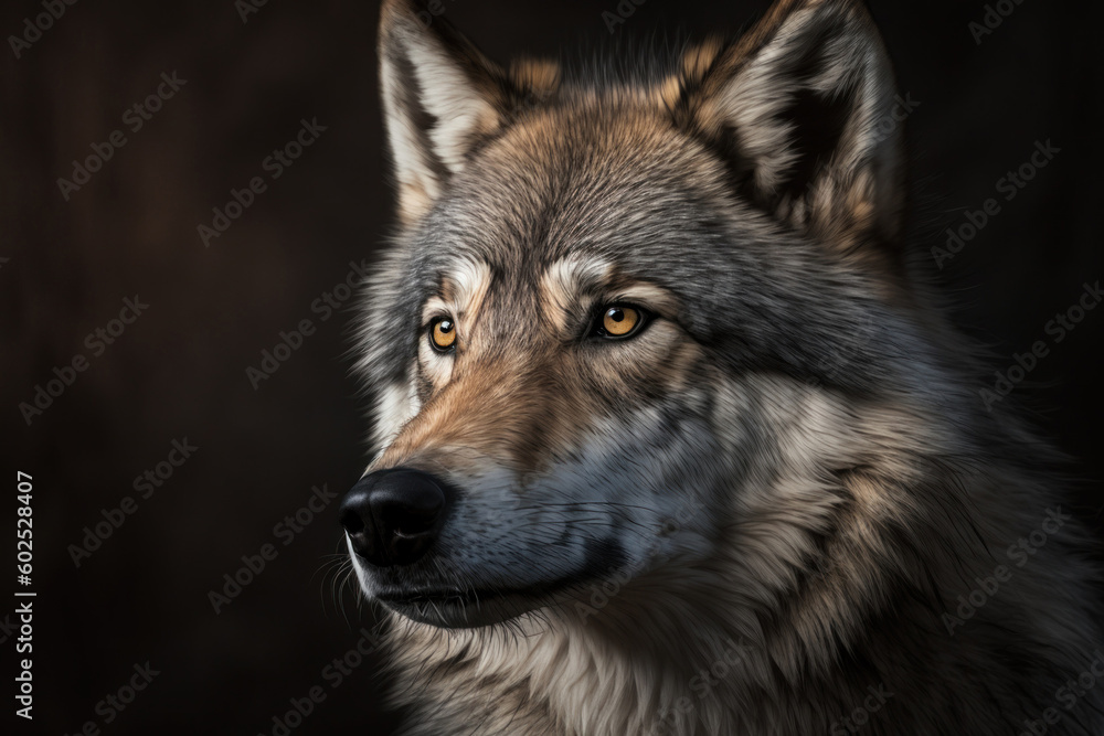 Obraz premium Wolf portrait on dark background. AI Generative