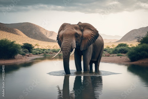 Elephant in water, african savannah. Generative AI