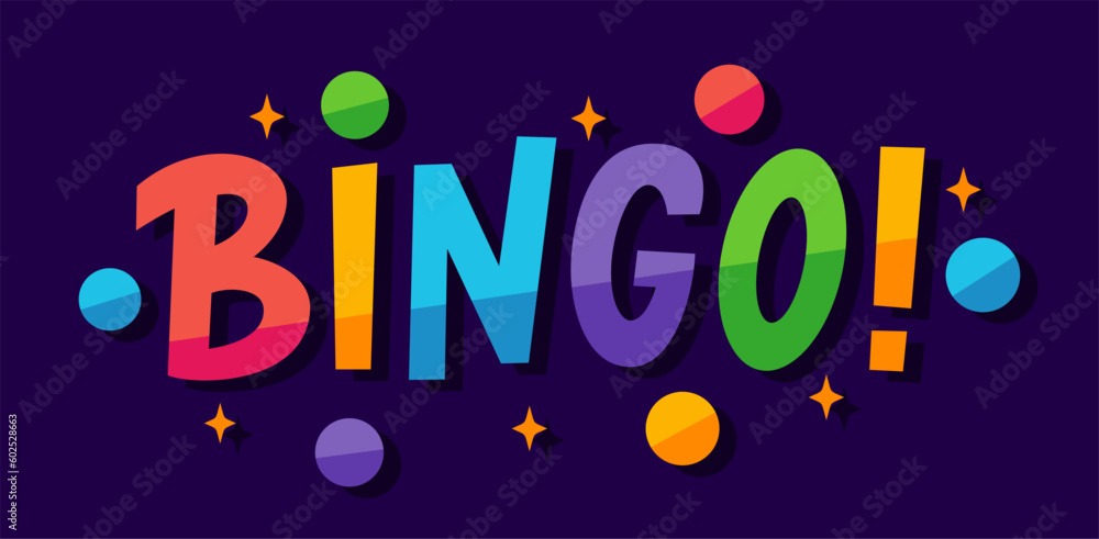 BINGO logo with lottery balls and stars. Bingo game. Vector illustration lucky quote. Fortune text. Graphic logo design for print poster, card, sticker, game, lottery win concept, casino