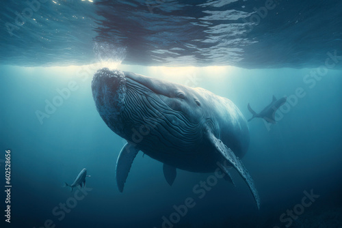 Beautiful whale is swimming in the ocean. The largest fish of the ocean in the natural environment, Generative AI