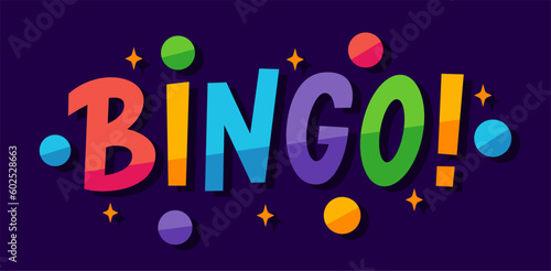 BINGO logo with lottery balls and stars. Bingo game. Vector illustration lucky quote. Fortune text. Graphic logo design for print poster, card, sticker, game, lottery win concept, casino