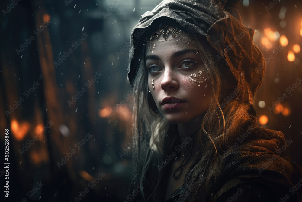 Cinematic scene during the rain from a fantastic movie about the future. Young beautiful woman with rhinestones on her face in a hooded jacket on her head looks towards the camera. Generative AI. Cinematic scene during the rain from a fantastic movie about the future. Young beautiful woman with rhinestones on her face in a hooded jacket on her head looks towards the camera. Generative AI.