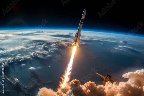 Impressive spaceship launch from Earth, seen from above, Generative AI