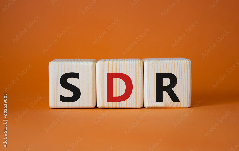 SDR, Special Drawing Rights. Wooden cubes with word SDR. Beautiful orange background. Business and SDR concept. Copy space. SDR, Special Drawing Rights. Wooden cubes with word SDR. Beautiful orange background. Business and SDR concept. Copy space.