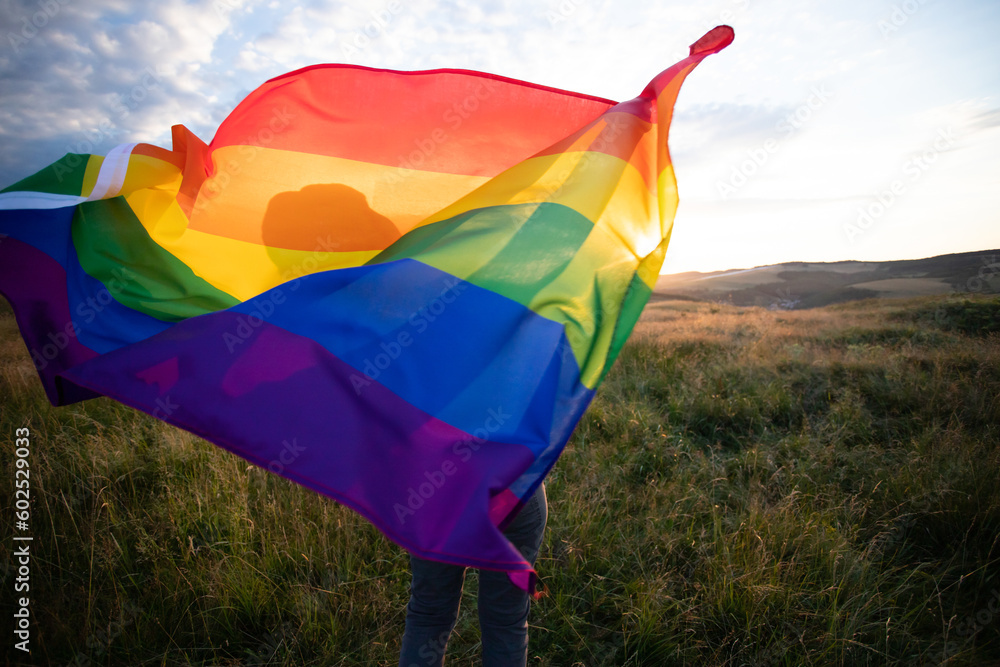 Young woman with LGBT flag. - obrazy, fototapety, plakaty 