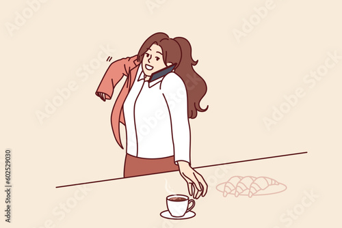 Busy woman makes business phone call having breakfast and puts on jacket hurrying to work. Busy businesswoman in hurry talking on phone and drinking coffee to get job done without breaking deadlines