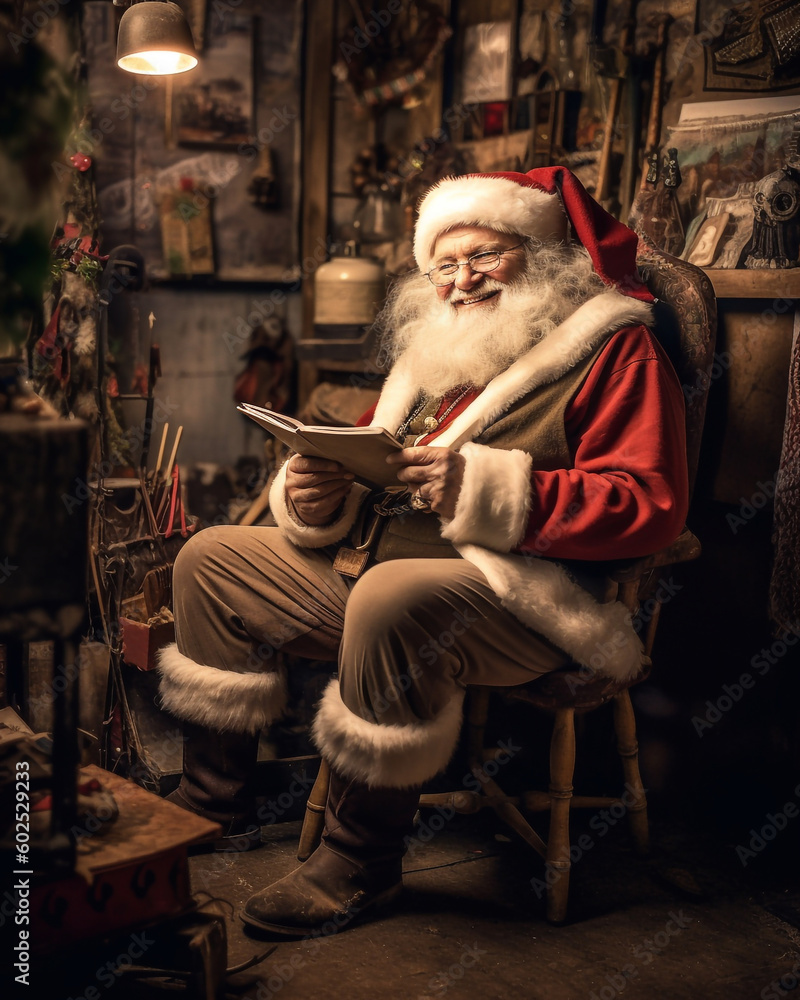 A smiling, chubby Santa Claus is sitting in a cozy chair in his workshop, holding a little book - ai generative