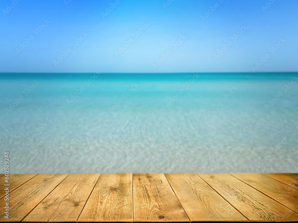 Natural, abstract, defocus background. The sun's rays. Seascape. An empty wooden base, a wooden table, a tabletop against the background of sea waves and blue sky. Copy space Natural, abstract, defocus background. The sun's rays. Seascape. An empty wooden base, a wooden table, a tabletop against the background of sea waves and blue sky. Copy space