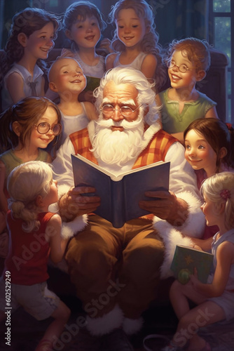 A chubby Santa Claus with a white beard sits in a chair surrounded by a group of children. He is holding a storybook and is reading it to the children with a smile on his face - ai generative