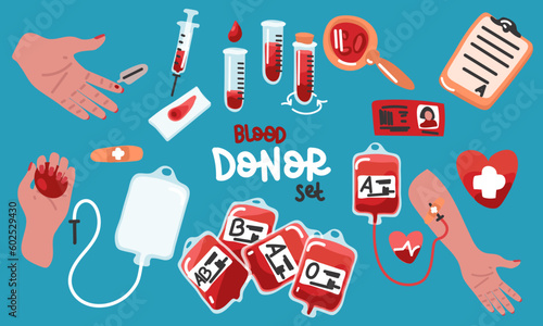 Big set blood donation, blood transfusion vector. A set of hematology icons. Blood donation, a healthcare concept. World Blood Donor Day, medical blood sampling, blood types on a blue background
