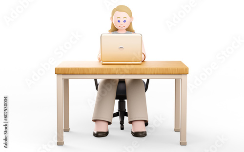 3D illustration of a woman sitting at an office desk and working with a laptop. Businessmen, freelancers, salespeople, or telecommuters
