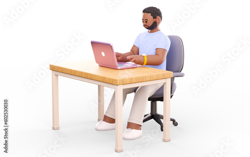 3D illustration of a man sitting at an office desk and working with a laptop. Businessmen, freelancers, salespeople, or telecommuters