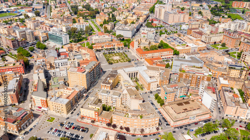 Aerial view of Piazza del Popolo and historical center of Latina, Italy. It is the main square of the regional capital of Lazio and where the town hall is located.