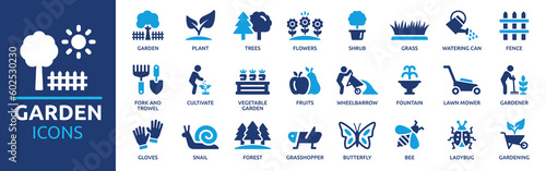 Garden icon set. Containing plant, flowers, trees, watering can, fence, cultivate and gardening icons. Solid icon collection. Vector illustration.