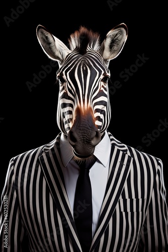 Zebra in business suit half - length front view  shaded background