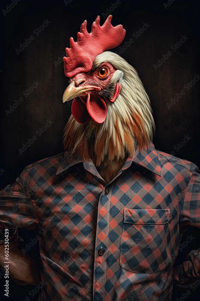 Rooster in plaid shirt half - length front view, shaded background