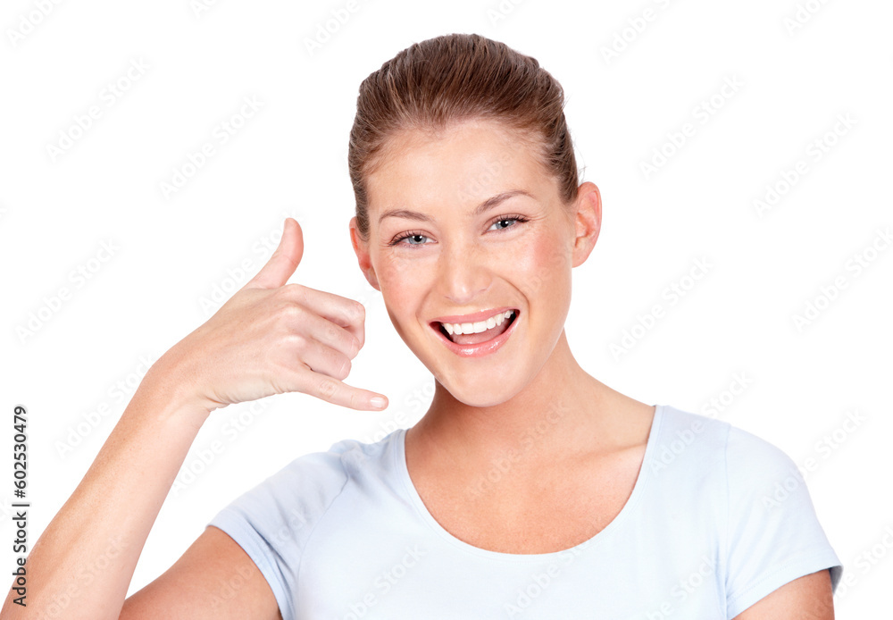 Portrait, woman and call me with smile, white background and hands for communication in isolated studio. Happy face, female model and telephone sign for talking, contact or connection of conversation Portrait, woman and call me with smile, white background and hands for communication in isolated studio. Happy face, female model and telephone sign for talking, contact or connection of conversation