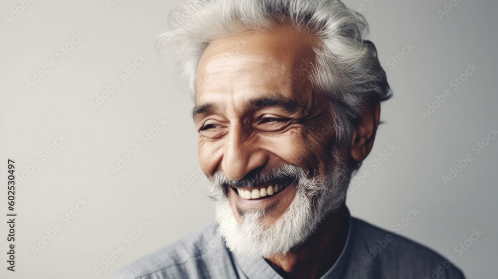 A charming Arabic senior man's smile radiates happiness in the studio. Generative AI A charming Arabic senior man's smile radiates happiness in the studio. Generative AI