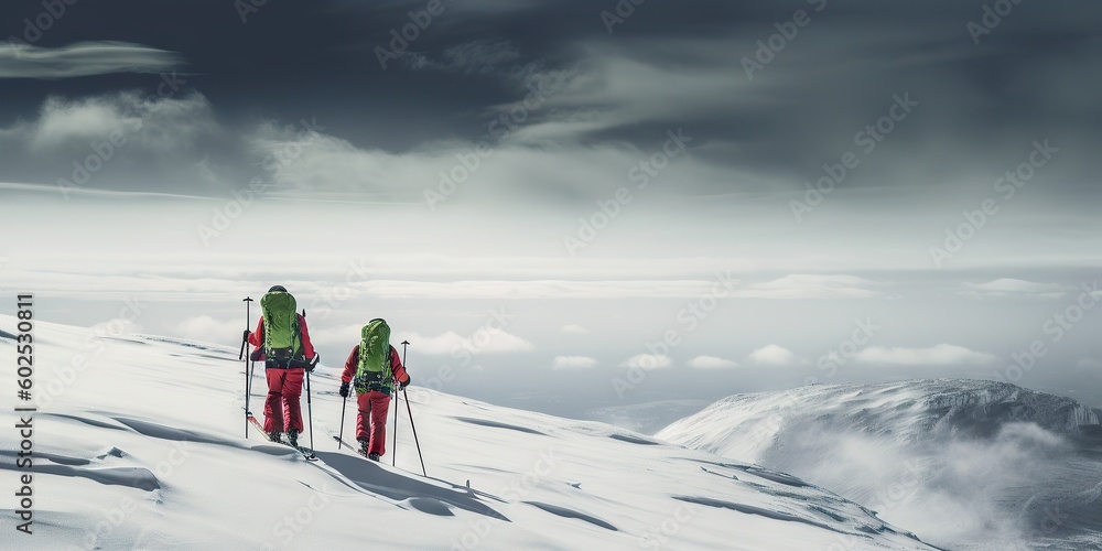 High Altitude Adventure: Majestic Mountain Landscape with Snow Covered Peaks, Perfect for Climbing, Hiking and Winter Sports. Generative AI illustrations.