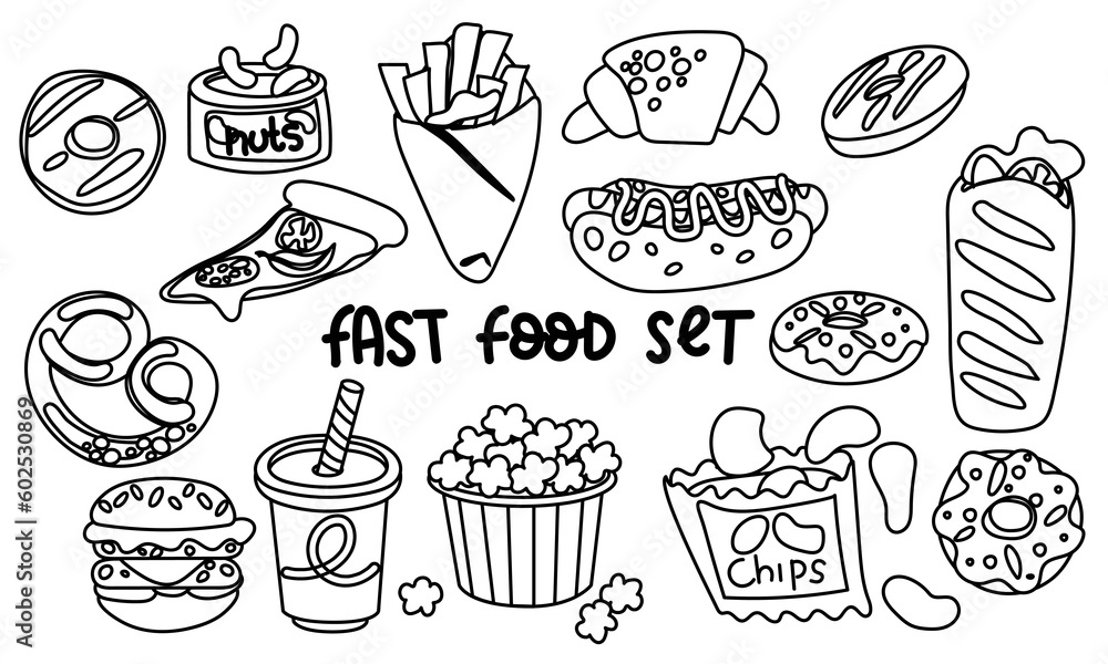 A set of fast food products highlighted on a white background in a contour style. Cartoon fast food, unhealthy burger sandwich, hamburger, pizza, snacks from the restaurant menu. Vector illustration