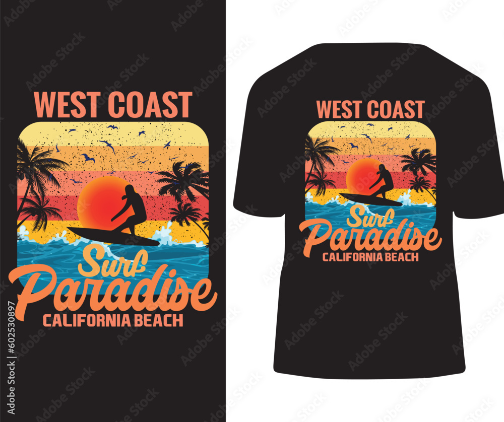 Naklejka premium West Coast Surf Paradise California Beach T-shirt Design