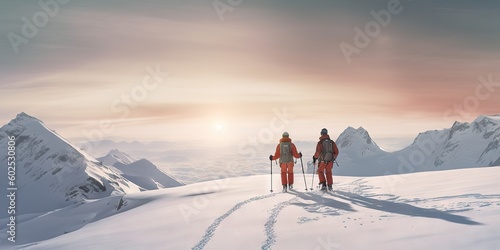 High Altitude Adventure: Majestic Mountain Landscape with Snow Covered Peaks, Perfect for Climbing, Hiking and Winter Sports. Generative AI illustrations.