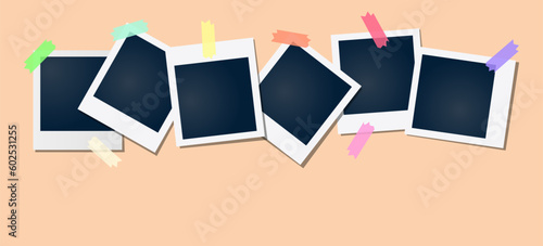 Realistic modern polaroid photo frames pasted on colored transparent tape. Photos glued to a beige background with a shadow layout design. Vector illustration of fast shooting photos